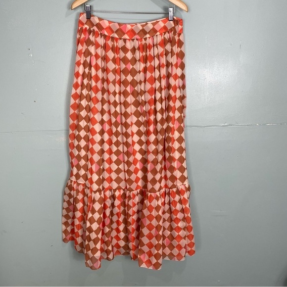 PatBo Checked Print Maxi Skirt Orange Geometric Flowy Sz L - Picture 1 of 5